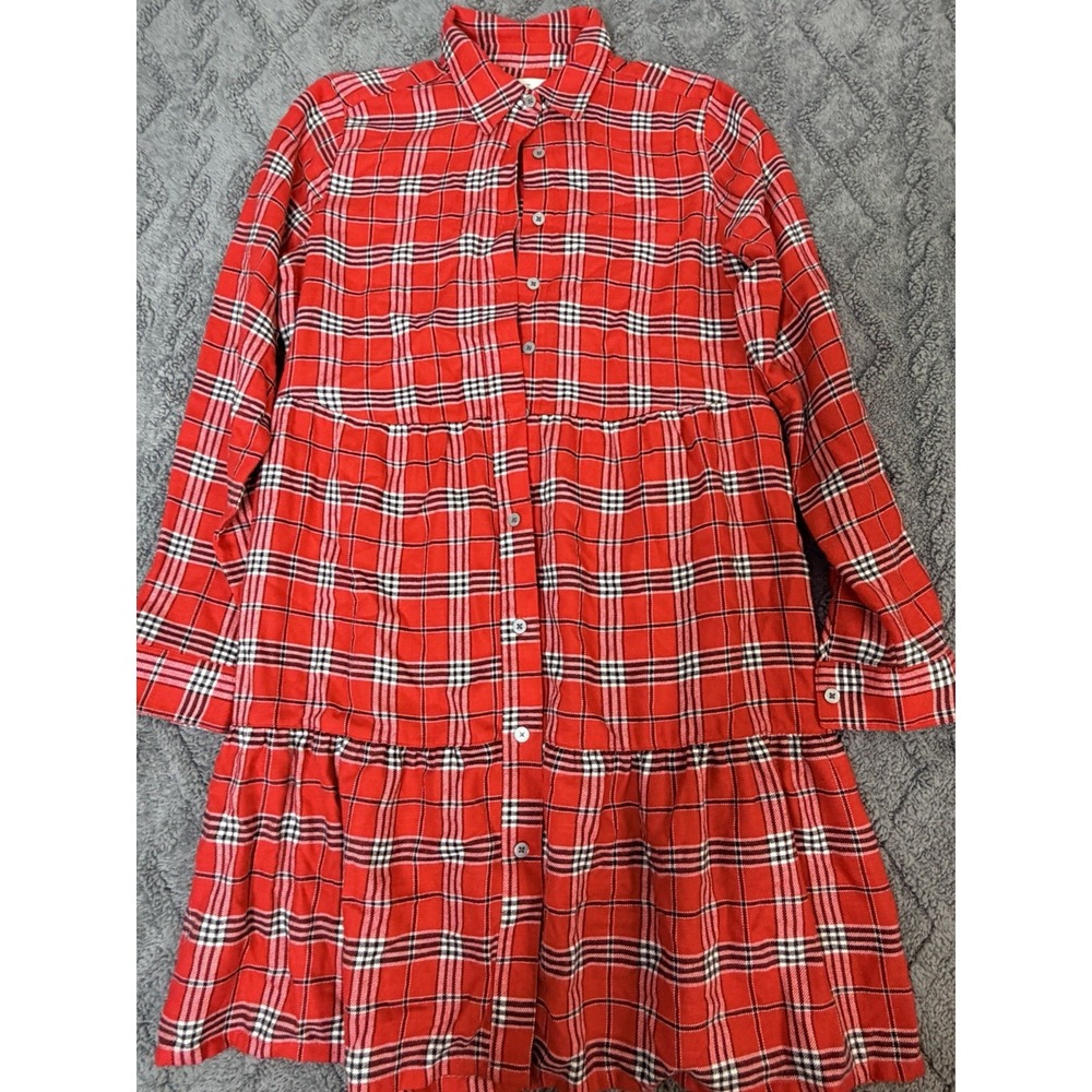 Loft Red Plaid Tiered Long Sleeve Button Up Dress Sz XS